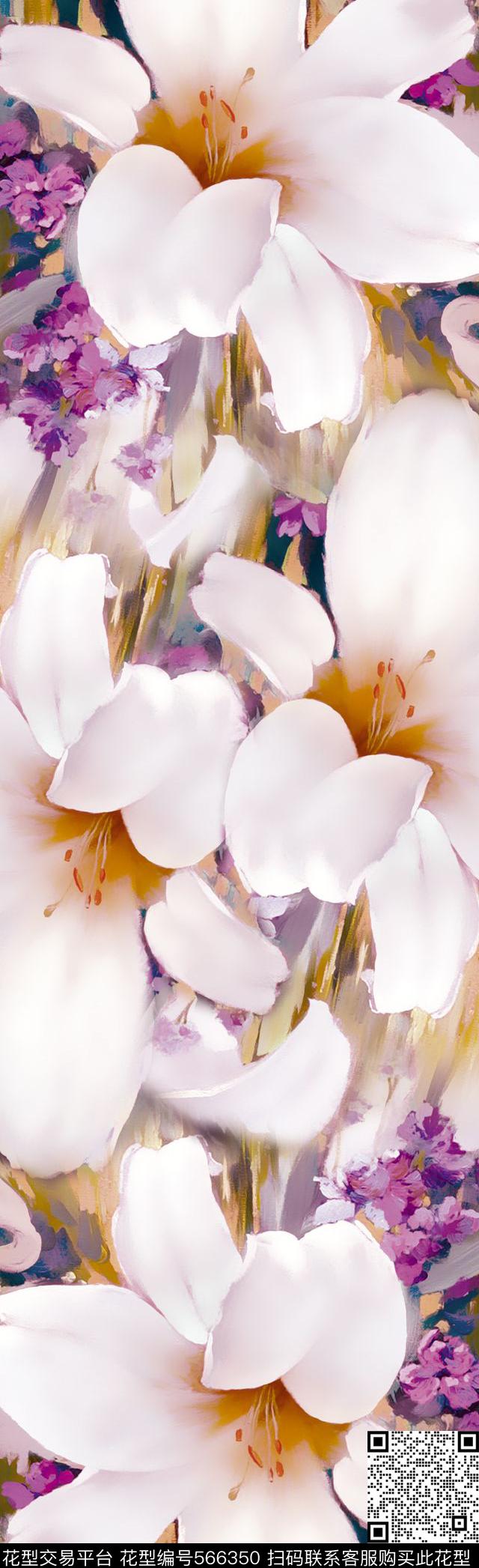 手绘油画百合数码印花花型下载（图片编号: 566350） - 瓦栏（Walan）