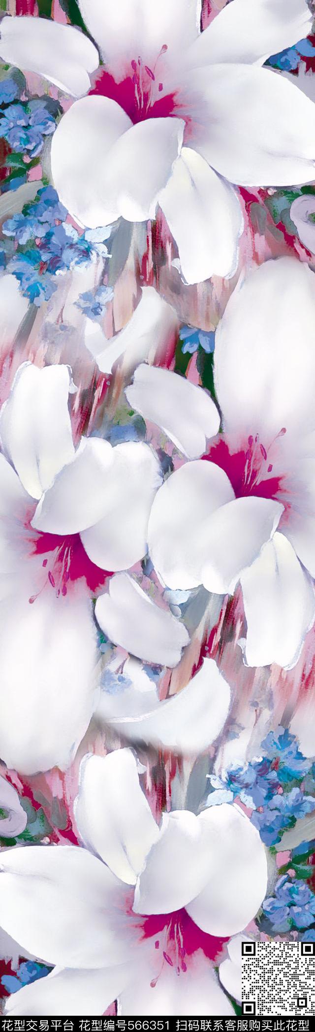 手绘油画百合数码印花花型下载（图片编号: 566351） - 瓦栏（Walan）