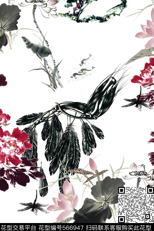 中国风荷花工笔数码印花花型下载（图片编号: 566947） - 瓦栏（Walan）