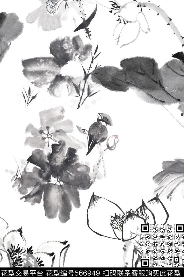 中国风水墨花鸟数码印花花型下载（图片编号: 566949） - 瓦栏（Walan）