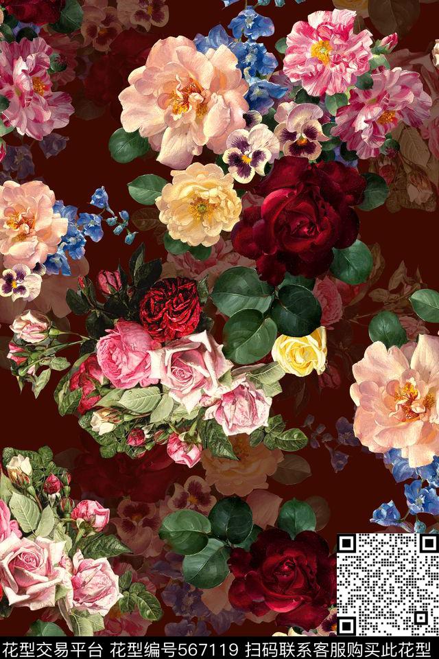 时尚酒红花卉数码印花花型下载（图片编号: 567119） - 瓦栏（Walan）