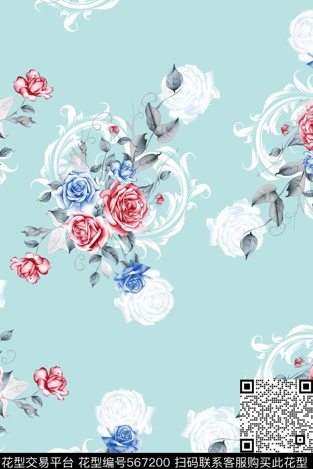 时尚淡绿花卉数码印花花型下载（图片编号: 567200） - 瓦栏（Walan）