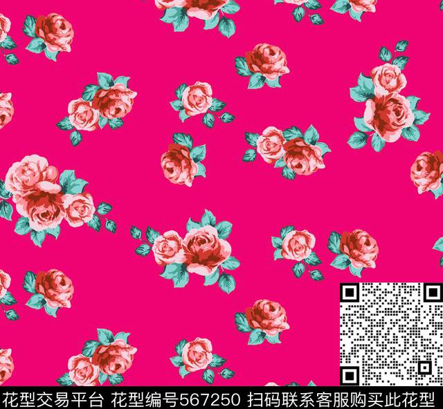 传统印花花卉蔷薇玫瑰花卉传统印花花型下载（图片编号: 567250） - 瓦栏（Walan）