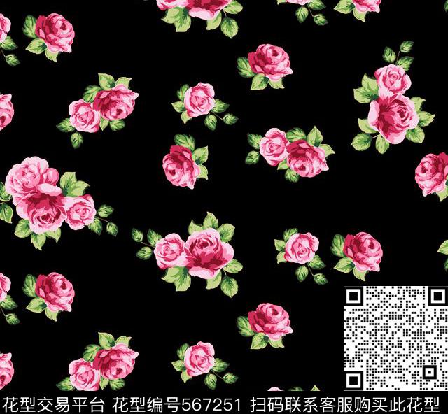 传统印花花卉蔷薇玫瑰花卉传统印花花型下载（图片编号: 567251） - 瓦栏（Walan）