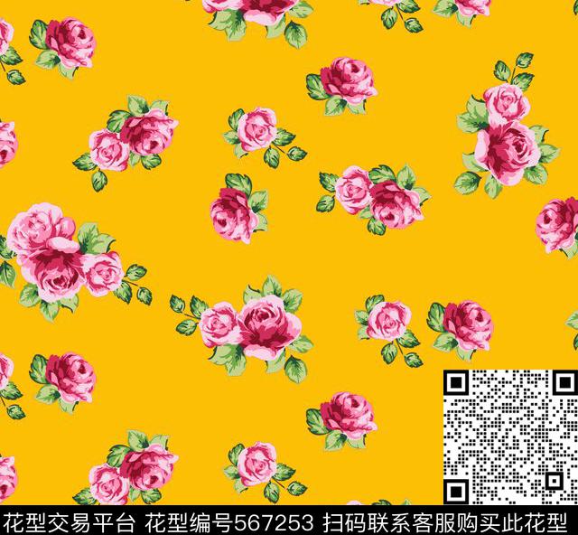 传统印花花卉蔷薇玫瑰花卉传统印花花型下载（图片编号: 567253） - 瓦栏（Walan）