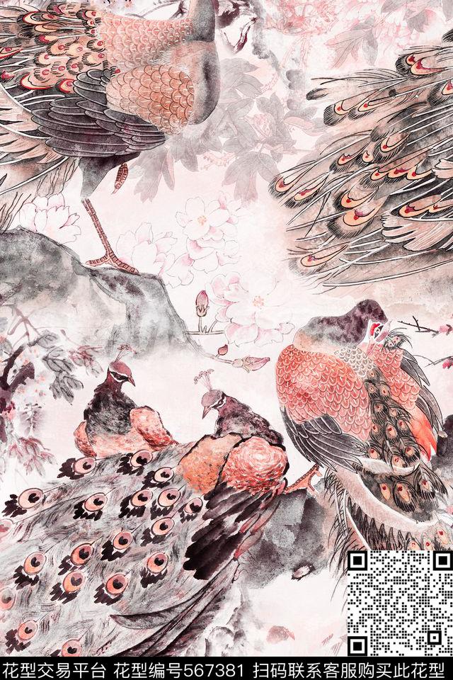 复古肌理孔雀花卉中国风数码印花花型下载（图片编号: 567381） - 瓦栏（Walan）