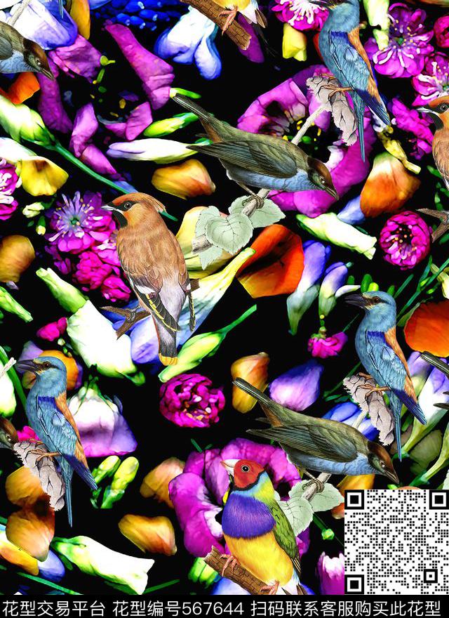 秋冬花鸟花卉数码印花花型下载（图片编号: 567644） - 瓦栏（Walan）