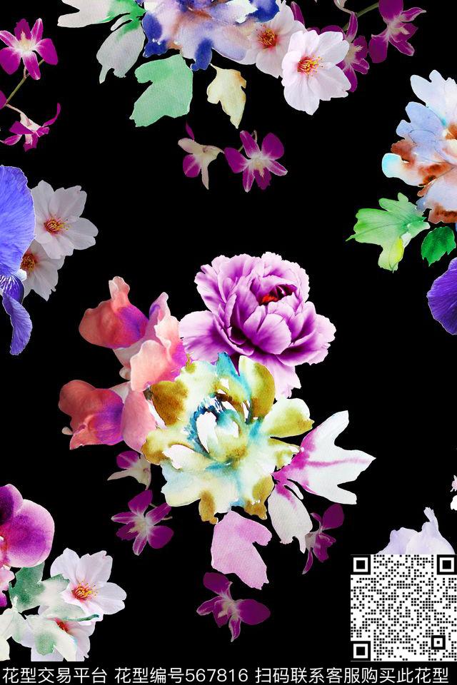 花卉复古纯色底散花数码印花花型下载（图片编号: 567816） - 瓦栏（Walan）