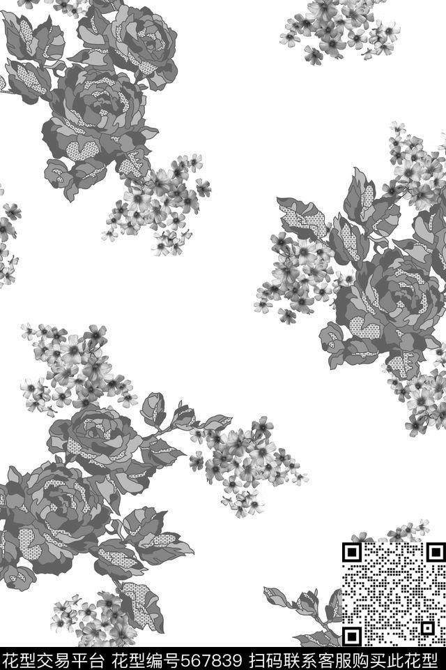 黑白花卉小清新传统印花花型下载（图片编号: 567839） - 瓦栏（Walan）