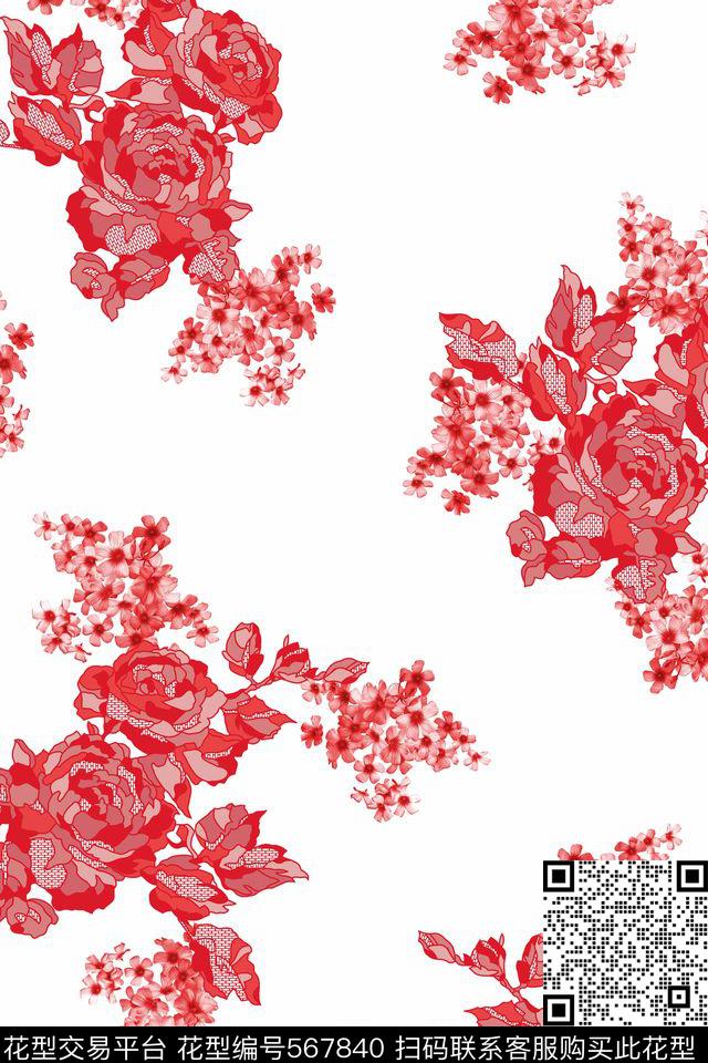 黑白花卉小清新传统印花花型下载（图片编号: 567840） - 瓦栏（Walan）