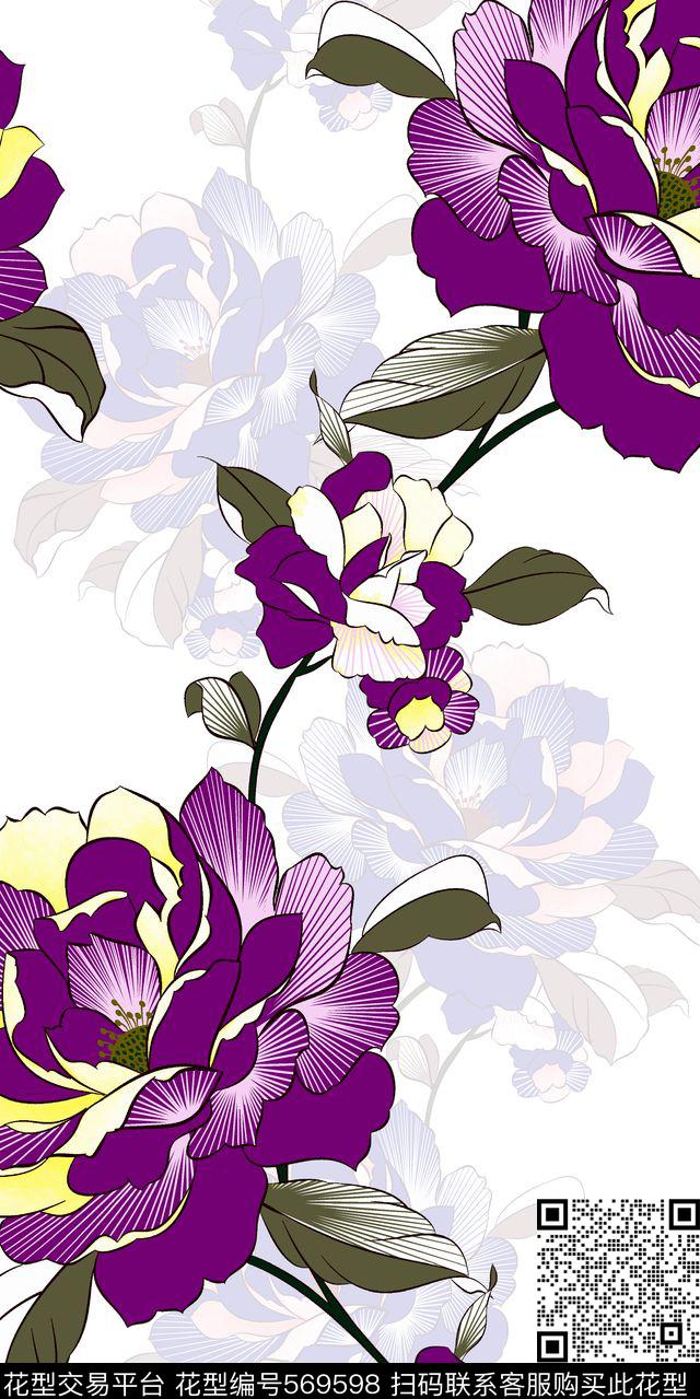 花卉 牡丹 线条 肌理 服装 家纺 面料 - 569598 - 花卉 牡丹 线条 - 传统印花花型 － 床品花型设计 － 瓦栏