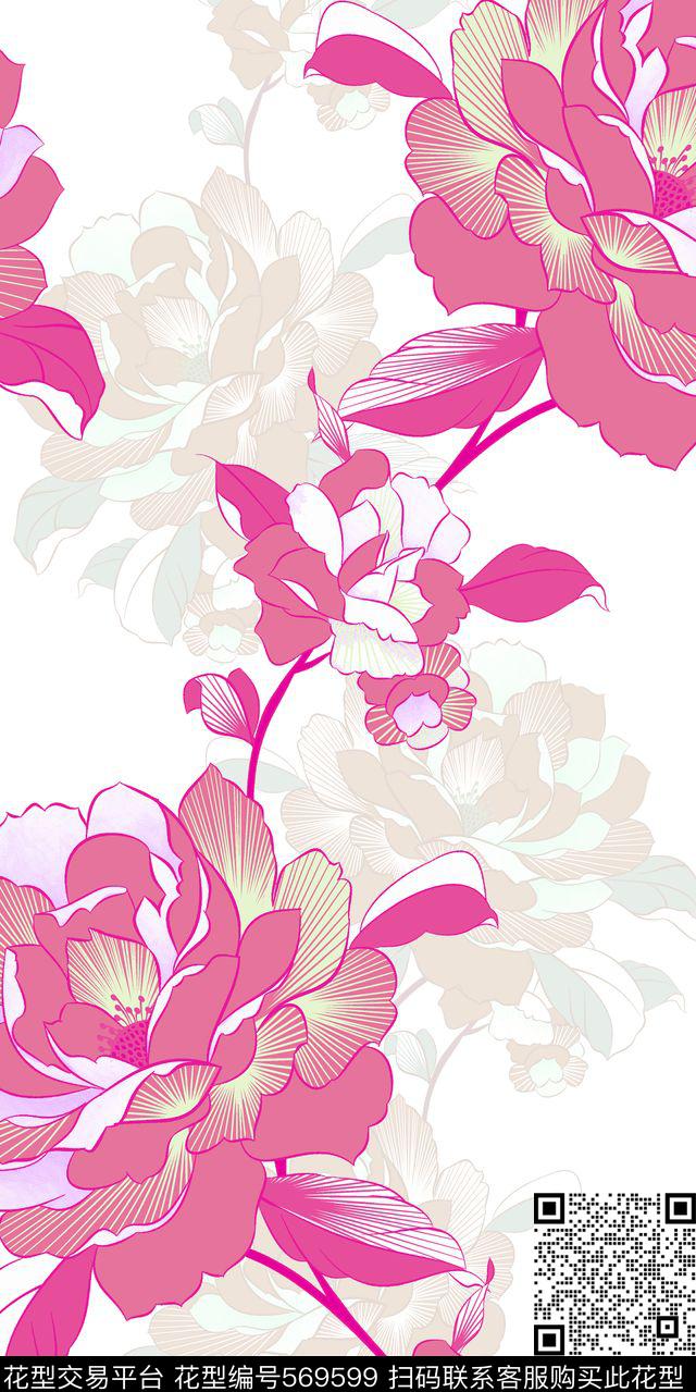 花卉 牡丹 线条 肌理 服装 家纺 面料 - 569599 - 花卉 牡丹 线条 - 数码印花花型 － 床品花型设计 － 瓦栏