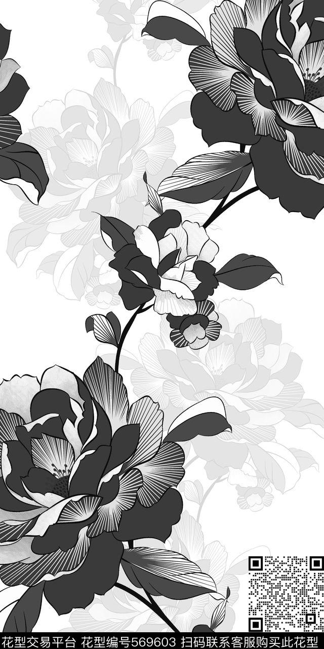 花卉 牡丹 线条 肌理 服装 家纺 面料 - 569603 - 花卉 牡丹 线条 - 数码印花花型 － 床品花型设计 － 瓦栏
