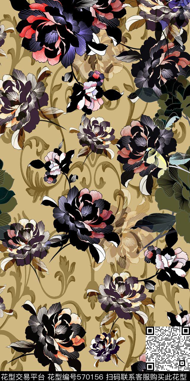 花卉组合 牡丹 线条 卷草 肌理 服装 家纺 长巾 窗帘 沙发 面料 - 570156 - 花卉 卷草 牡丹 - 传统印花花型 － 床品花型设计 － 瓦栏