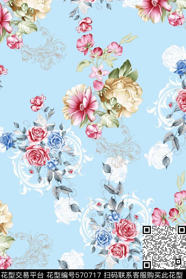 清爽底色花卉数码印花花型下载（图片编号: 570717） - 瓦栏（Walan）
