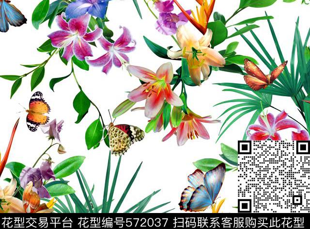 时尚植物花卉蝴蝶花型 - 572037 - 百合 花朵 流行时尚 - 数码印花花型 － 女装花型设计 － 瓦栏