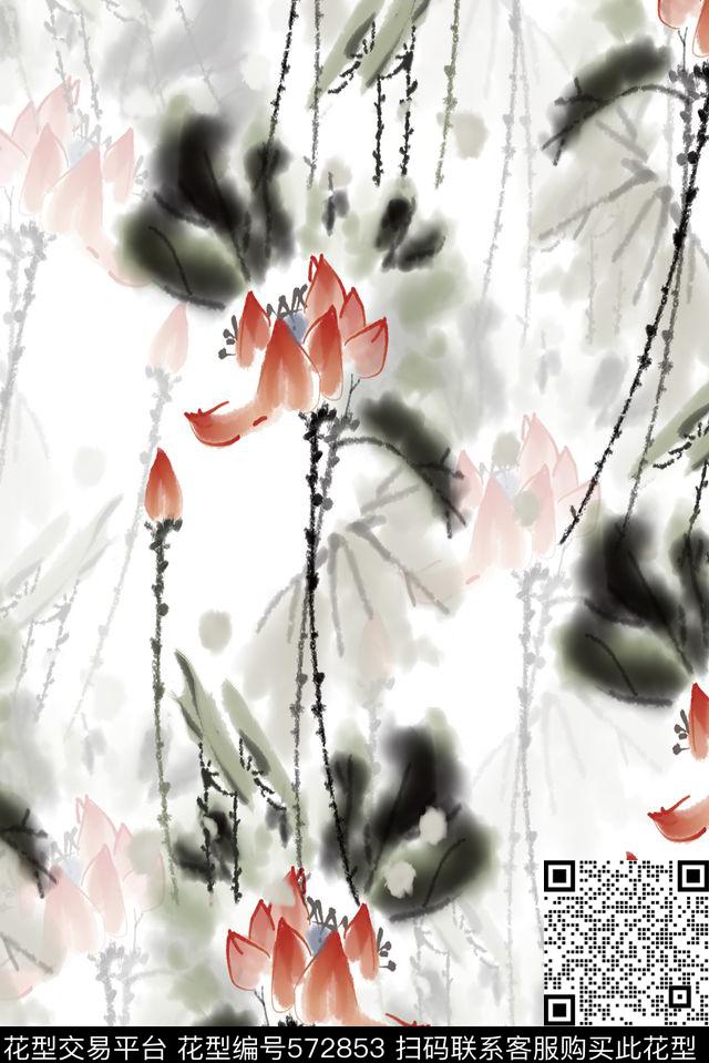 水墨荷花中国风数码印花花型下载（图片编号: 572853） - 瓦栏（Walan）