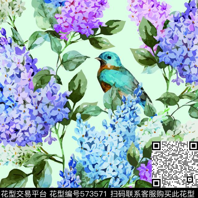 花卉小鸟水粉数码印花花型下载（图片编号: 573571） - 瓦栏（Walan）