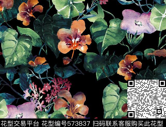 时尚阔叶植物数码印花花型下载（图片编号: 573837） - 瓦栏（Walan）