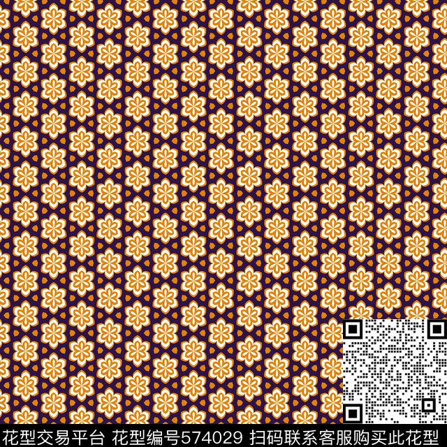 中国风小花 - 574029 - 中国风 民族 几何抽象 - 传统印花花型 － 女装花型设计 － 瓦栏