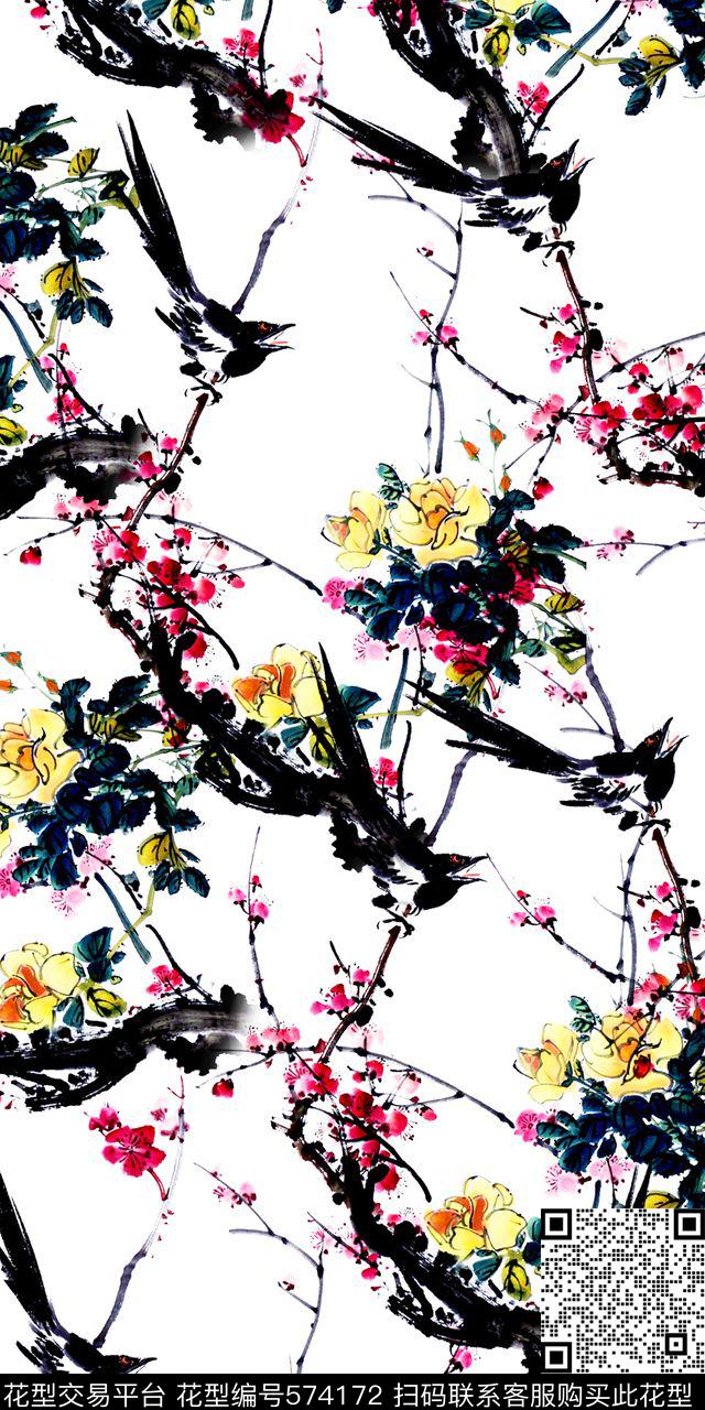 春夏工笔画桃花数码印花花型下载（图片编号: 574172） - 瓦栏（Walan）