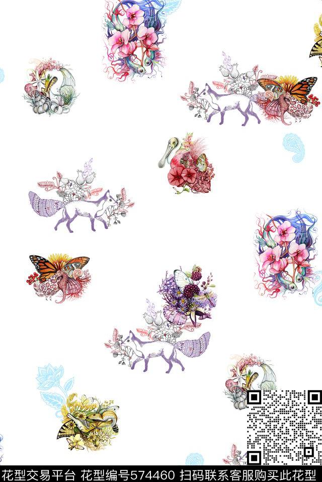 手绘清新花草动物组合 - 574460 - 手绘 花卉 动物 - 数码印花花型 － 女装花型设计 － 瓦栏