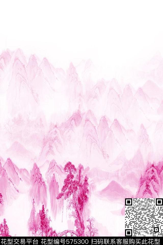 数码印花水墨风景民族数码印花花型下载（图片编号: 575300） - 瓦栏（Walan）