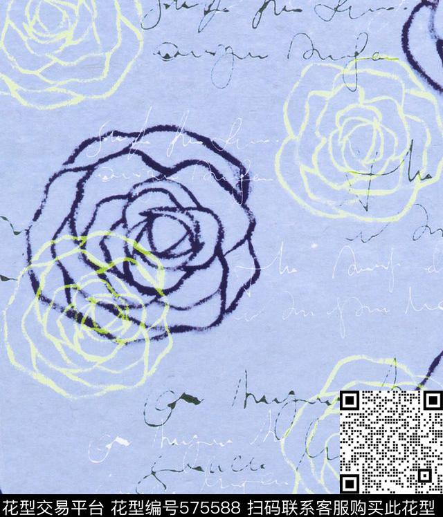 Roses and writing - 575588 - Floral Roses Writing - 传统印花花型 － 床品花型设计 － 瓦栏