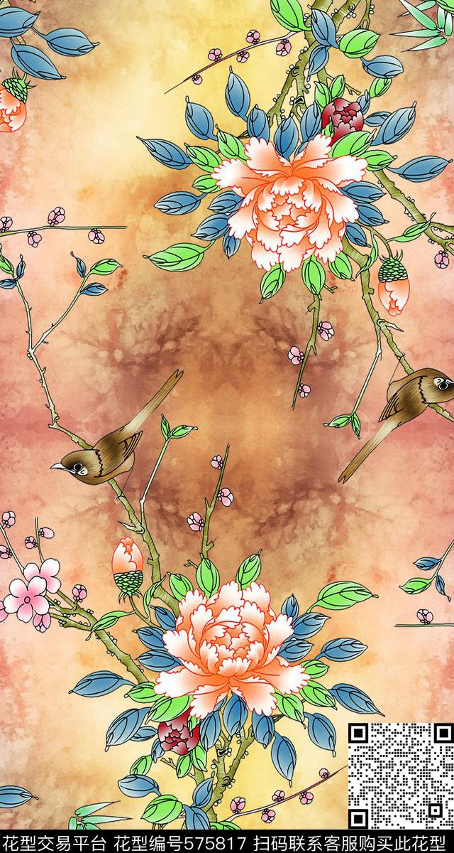 中国风 花鸟 - 575817 - 抽象 大牌 中国风 - 数码印花花型 － 女装花型设计 － 瓦栏