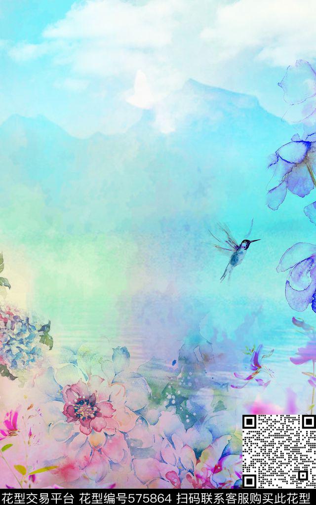 《幻境》梦幻水彩仙境绚丽多彩花卉小鸟 - 575864 - 梦幻水彩 花卉 小鸟 - 数码印花花型 － 其他花型设计 － 瓦栏