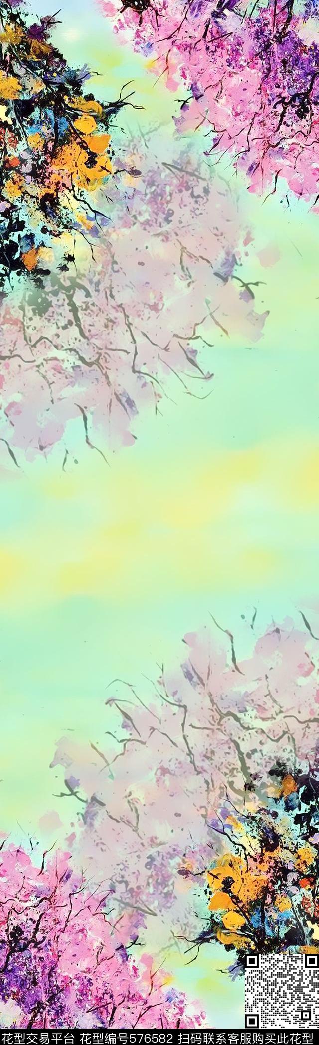 手绘水彩风景数码印花花型下载（图片编号: 576582） - 瓦栏（Walan）