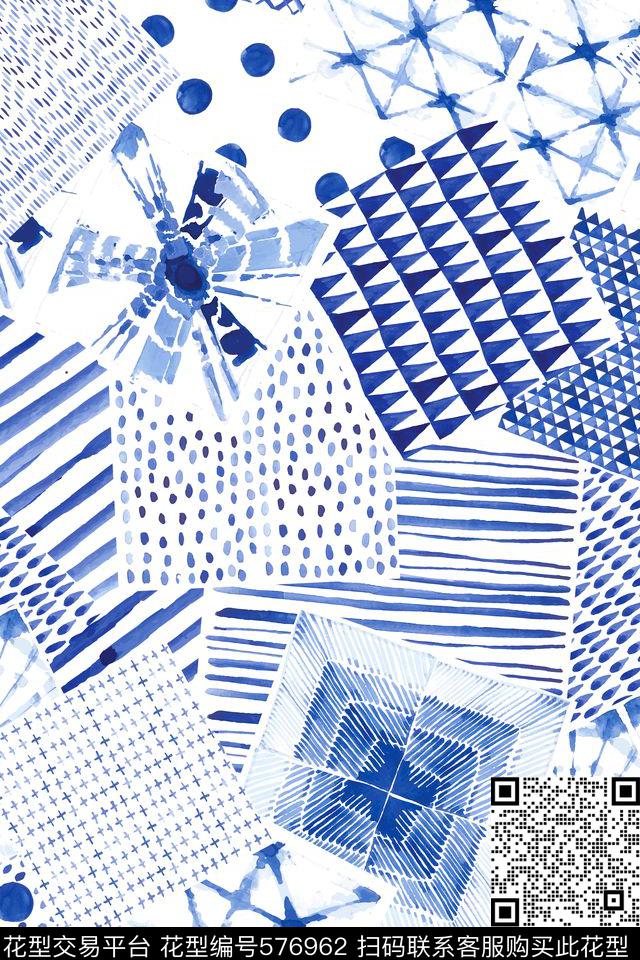 几何水墨图蓝色几何拼接数码印花花型下载（图片编号: 576962） - 瓦栏（Walan）