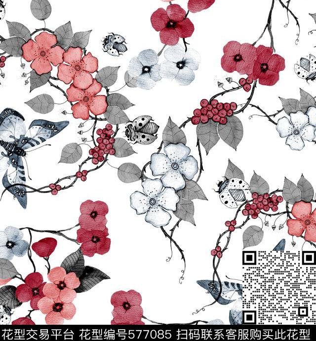 手绘插画花卉蝴蝶 - 577085 - 花卉 15年11月上新 15年12月上新 - 数码印花花型 － 女装花型设计 － 瓦栏
