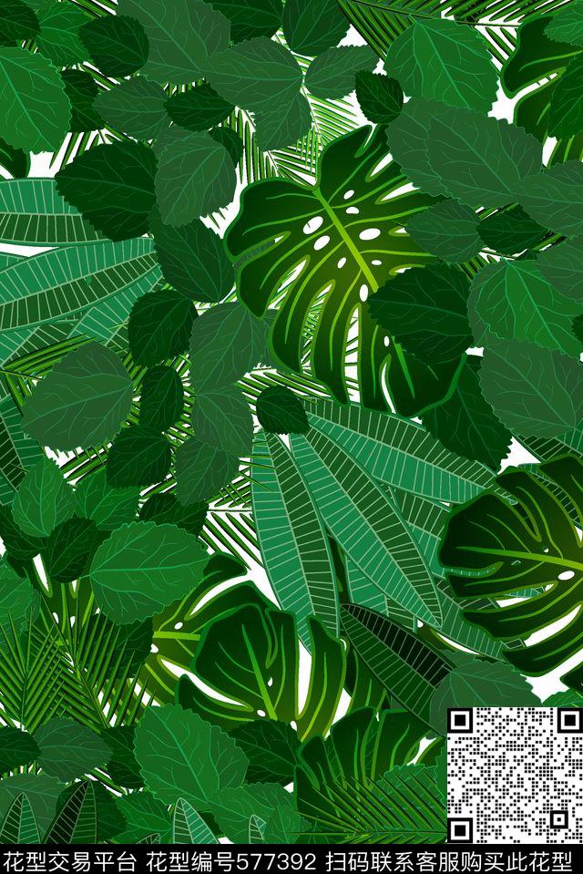 绿色热带植物叶子 - 577392 - 绿色 植物 叶子 - 传统印花花型 － 女装花型设计 － 瓦栏