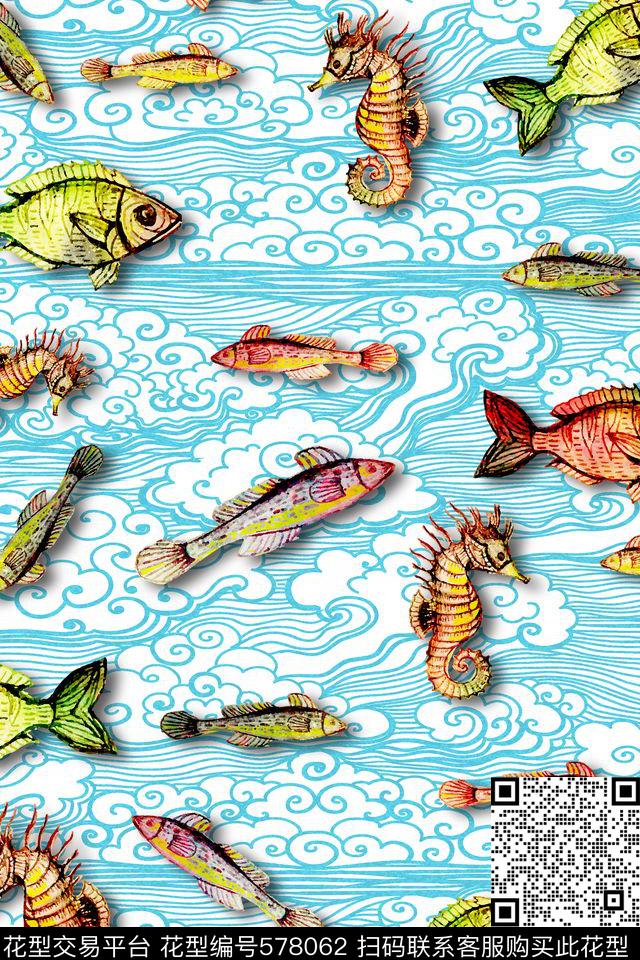 深海鱼抽象海浪海马数码印花花型下载（图片编号: 578062） - 瓦栏（Walan）