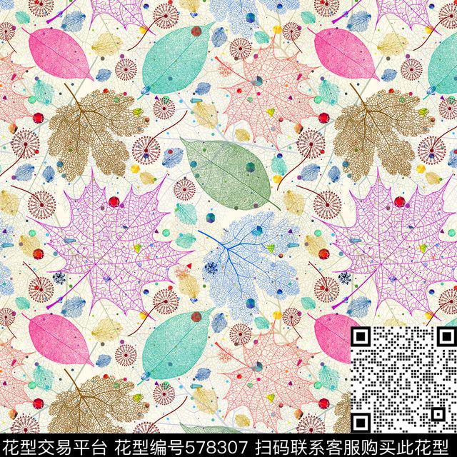 钻石彩色枫叶线条传统印花花型下载（图片编号: 578307） - 瓦栏（Walan）