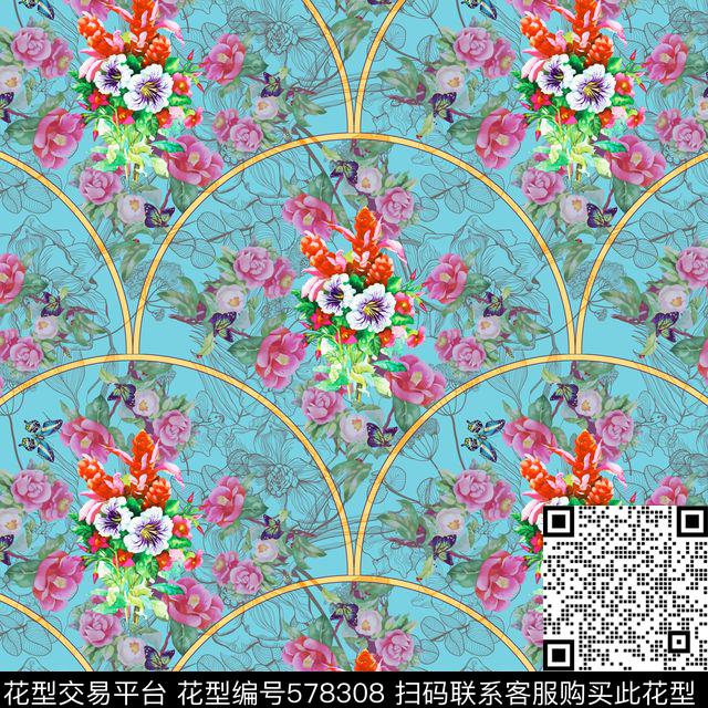 花卉蝴蝶线条花数码印花花型下载（图片编号: 578308） - 瓦栏（Walan）
