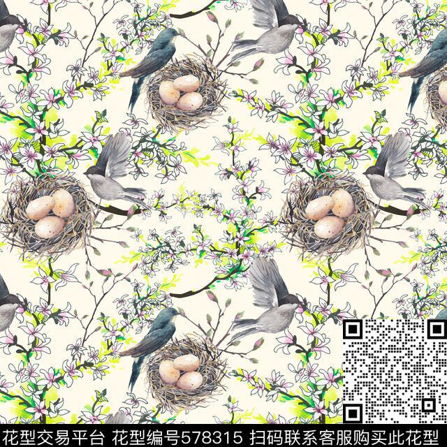 树枝花鸟窝鸟蛋数码印花花型下载（图片编号: 578315） - 瓦栏（Walan）