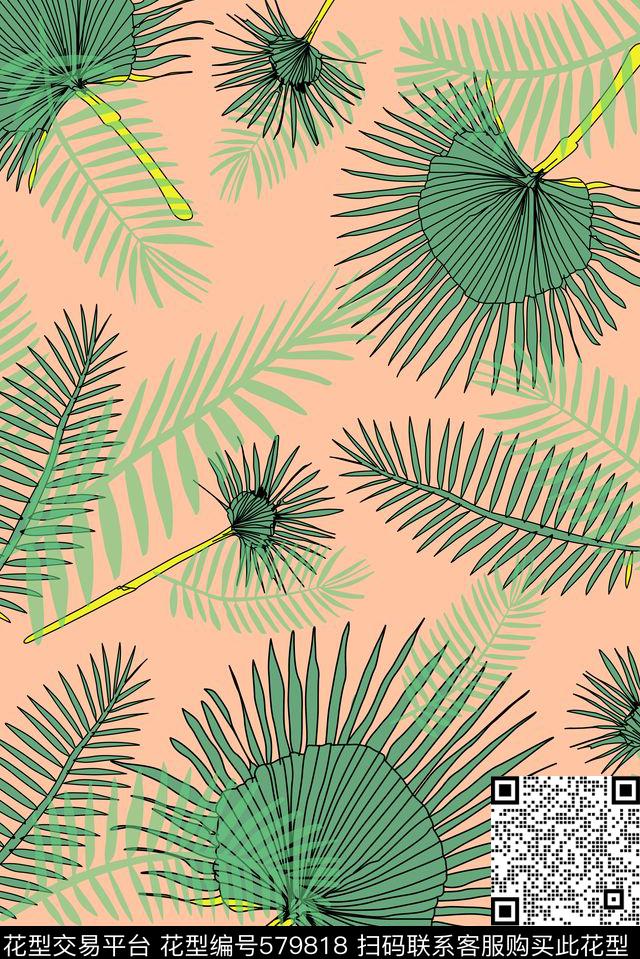 棕榈叶热带手绘传统印花花型下载（图片编号: 579818） - 瓦栏（Walan）