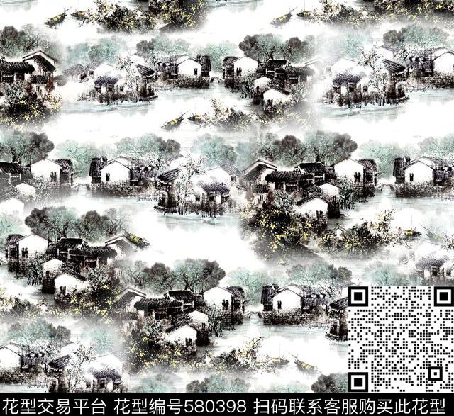 传统印花水墨风景肌理传统印花花型下载（图片编号: 580398） - 瓦栏（Walan）
