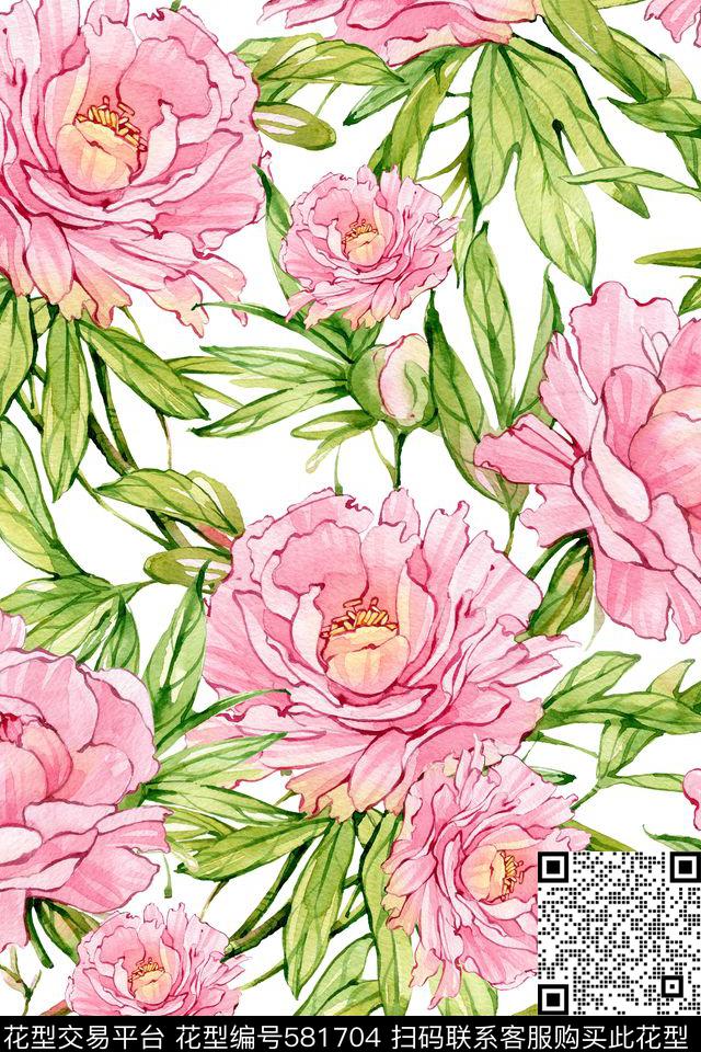 手绘浪漫花卉女装数码印花花型下载（图片编号: 581704） - 瓦栏（Walan）