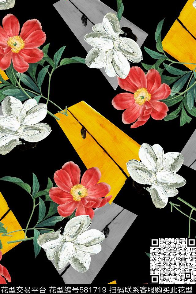 花卉纯色底前卫几何。女装数码印花花型下载（图片编号: 581719） - 瓦栏（Walan）