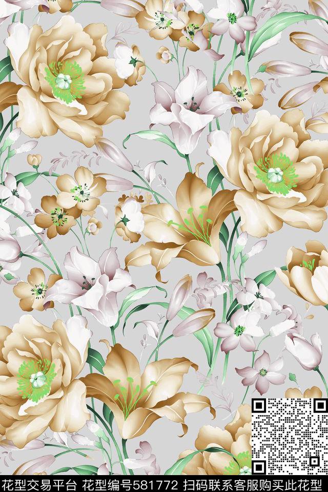 手绘玫瑰花卉传统印花花型下载（图片编号: 581772） - 瓦栏（Walan）