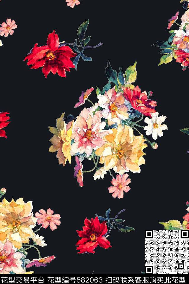 花卉复古纯色底散花数码印花花型下载（图片编号: 582063） - 瓦栏（Walan）