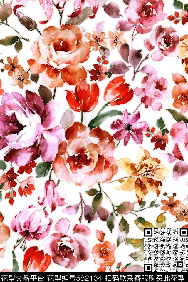 韩版花卉原创手绘花卉数码印花花型下载（图片编号: 582134） - 瓦栏（Walan）