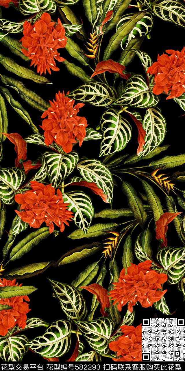 热带手绘大气热带植物 - 582293 - 时尚 热带植物 手绘大气 - 数码印花花型 － 女装花型设计 － 瓦栏