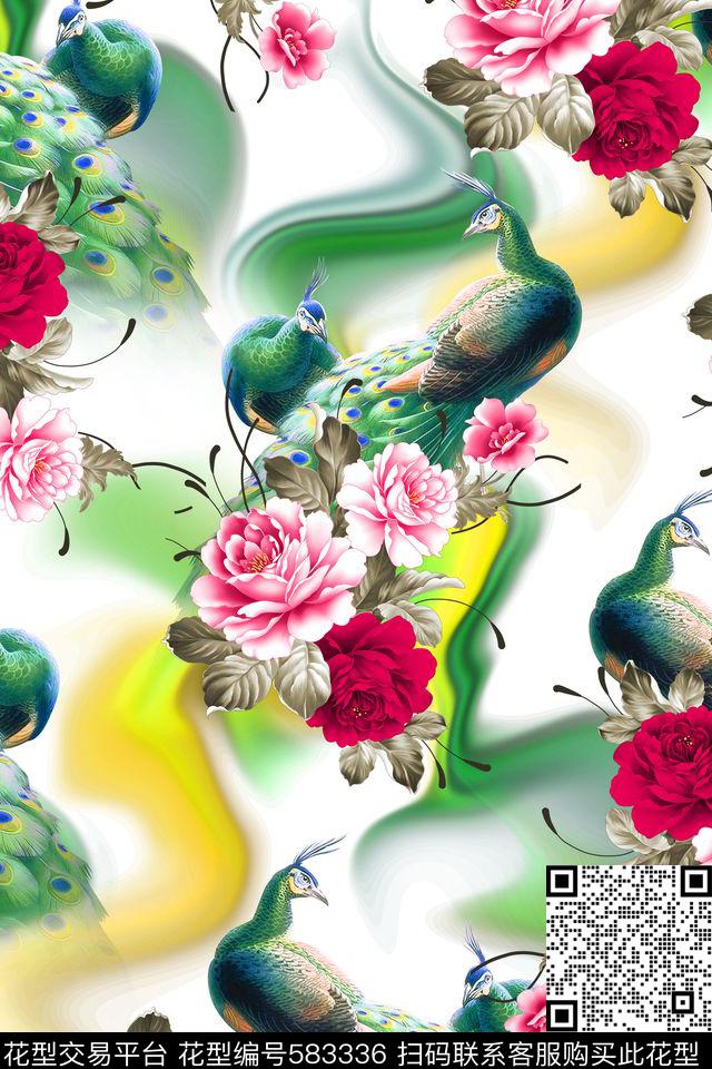 花卉孔雀纯色底散花数码印花花型下载（图片编号: 583336） - 瓦栏（Walan）