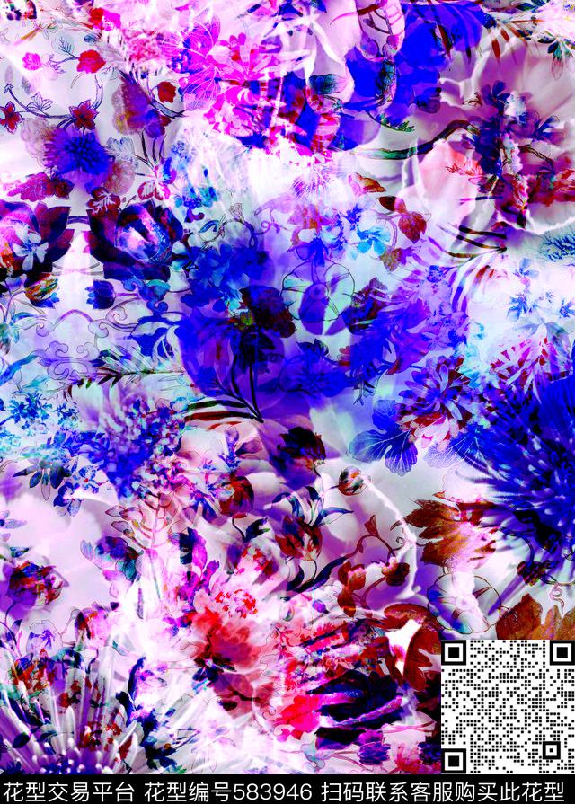 五彩瑕疵花卉数码印花花型下载（图片编号: 583946） - 瓦栏（Walan）