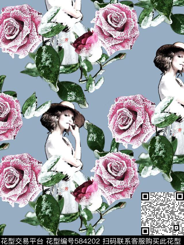 浪漫花卉-雪花玫瑰 - 584202 - 雪花 玫瑰 人物 - 数码印花花型 － 女装花型设计 － 瓦栏