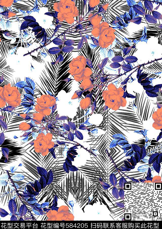 热带雨林-百叶橙花 - 584205 - 热带雨林 树叶 手绘花 - 数码印花花型 － 女装花型设计 － 瓦栏
